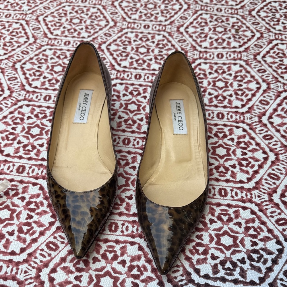 Jimmy Choo Brown Leopard Print Patent Kitten Heels